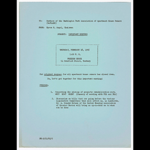 Memorandum from Byron F. Angel, Chairman to members of the Washington Park Association of Apartment House Owners about meeting on February 18, 1965