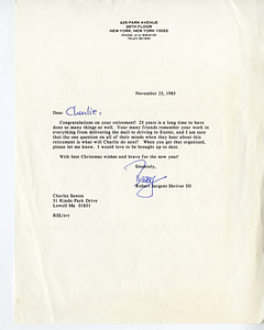 Letter from Bobby Shriver to Charles Santos Jr. (November 25, 1985)