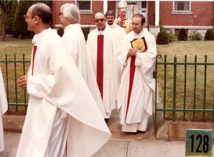 Fr. Eusebio Silva and other clergymen exiting Rectory