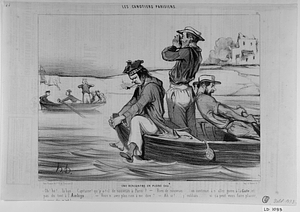 Une RENCONTRE EN PLEINE EAU. - Oh! hé! . . là bas . . . Capitaine! qu'y a-t-il de nouveau à Paris? - Rien de nouveau . . . . on continue à n'aller guère à la Gaîté, et pas du tout à I' Ambigu. . . . - Vous n' avex plus rien à me dire ? . . . . - Ah si! . . . j'oubliais . . . . si ça peut vous faire plaisir, je vous dis z'ut!