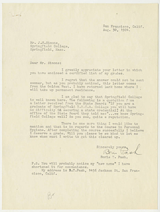 Letter to J. H. Simons written by Boris Pash (Augest 30, 1924)