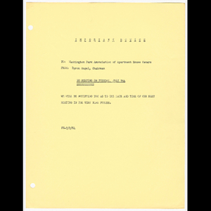 Memorandum from Byron Angel, Chairman to Washington Park Association of Apartment House Owners about cancelled meeting on July 7, 1964 and the date and time of next meeting