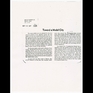 Newspaper clipping from Boston Herald Traveler, "Toward a model city"