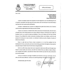 Letter of solidarity sent to the city of Boston by the mayor of Grottaminarda, Italy