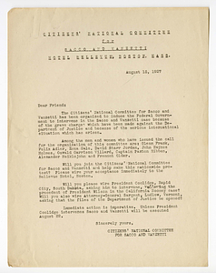 Appeal letter by Citizens National Committee for Sacco and Vanzetti, August 15, 1927