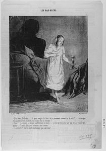 - Dis donc, Bichette..... à quoi songes-tu donc de te promener comme ça la nuit?... est-ce que t'es somnambule, ou bien, est-ce que t'as la colique?.... - Non... je cherche un moyen neuf de tuer un mari.... je ne me recouche pas que je n'ai trouvé mon moyen!.... il me le faut pour terminer mon roman!.... - Saperlotte! pourvu qu'elle ne l'essaye pas sur moi!.....