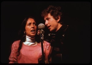 Bob Dylan and Joan Baez, performing on stage, Newport Folk Festival