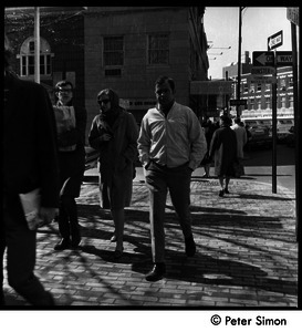 People on the sidewalk near Dunster Street, Cambridge, Mass.
