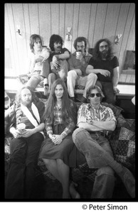 Grateful Dead backstage (rear, left to right): Bob Weir, Mickey Hart, Bill Kreutzman,Jerry Garcia; (front) Keith Godchaux, Donna Godchaux, Phil Lesh