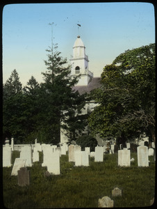 Cemetery and white wooden church or meeting house