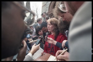 Scene outside the Hampshire County courthouse following acquittal in the CIA protest trial: Amy Carter being interviewed by the press