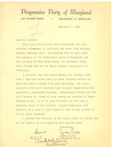 Letter from Progressive Party of Maryland to W. E. B. Du Bois