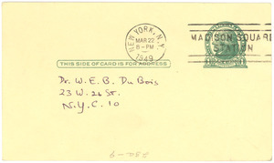 Postcard from Science and Society to W. E. B. Du Bois