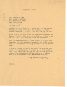 Letter from W. E. B. Du Bois to Devere Allen