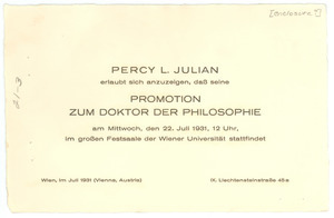 Announcement of Percy Julian's Ph. D. in philosophy