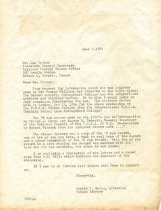 Letter from Gerald Davis to Les Vipond regarding Sir George Williams wax cylinder recording