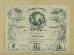 Framed Pan American Clipper Club certificate