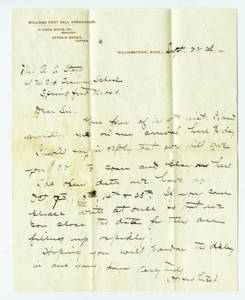 Letter to Amos Alonzo Stagg from Williams College dated September 22, 1891