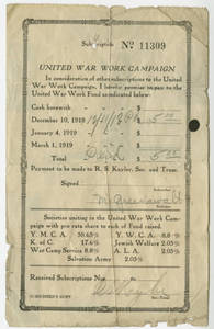 United War Work Campaign Subscription form No. 11309