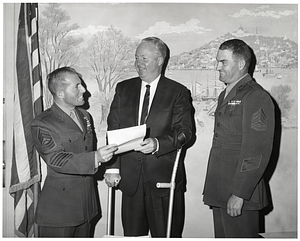 Two unidentified United States Marine Corps officers and Mayor John F. Collins