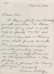 Correspondence from Louanna Rodgers to Lou Sullivan (February 20, 1989)