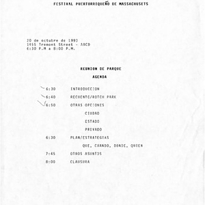 Agenda from Festival Puertorriqueño de Massachusetts, Inc. park meeting on October 20, 1993