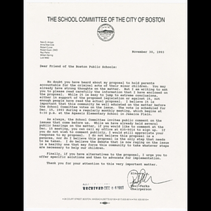 Letter from Paul Parks to friend of the Boston public schools requesting feedback for proposal to hold parents accountable