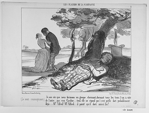 (Le mari s'assoupissant.) Je suis sûr que nous formons un groupe charmant, dormant tous les trois l'un à côté de l'autre... pas vrai Caroline... tiens elle ne répond pas! c'est qu'elle dort probablement déjà... Mr. Alfred! Mr. Alfred... il paraît qu'il dort, aussi lui!