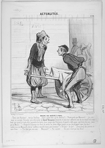 ORIGINE DES BÉDOUINS A PARIS. - Tiens c'est Fouilloux!... bon jou Fouilloux... bon jou Fouilloux...d'puis quand donc qu'tés Bédouin?- N'm'en parle pas Moussard!.. j'ai z'été louer ce costume Chicandar pour aller au bal du Grand Vainqueur, Dimanche, et j'm'ai tant raffraichi avec du vin chaud et du veau froid, que quand j'ai voulu aller reprendre les habits d'mon sesque chez l'Costumier, et quand il a fallu payer sept livres dix sous, j'avais pas un Monaco.... c'Brigand d'Cosutmier m'a forcé de vendre des dattes d'Alger jusqu'à ce que j'lui ai gagné c'que j'lui dois!..... achète moi z'en Moussard, c'est un' confiture naturelle bonne pour l'estomac! - De quoi!... de quoi!... j'aime mieux des pommes de terre frites.... - T'es donc pas mon ami... Moussard? - Pus souvent... les amis n'sont pas des Turcs!