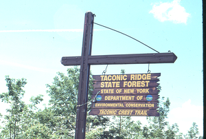 Taconic Ridge State (NY) Forest sign at Petersburg Pass parking lot.