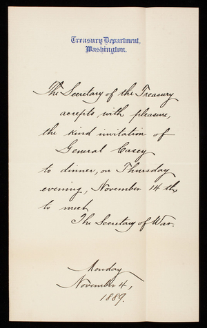 [William] Windom to Thomas Lincoln Casey, November 4, 1889
