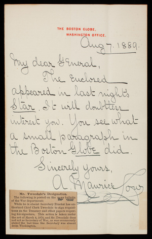 A. Maurice Low to Thomas Lincoln Casey, August 7, 1889
