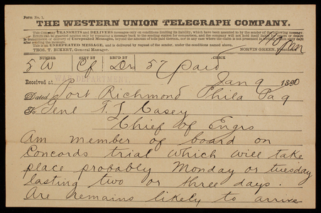 Admiral Silas Casey to Thomas Lincoln Casey, January 9, 1891, telegram