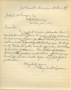 Letter from Benjamin Smith Lyman to Joseph H. Sawyer