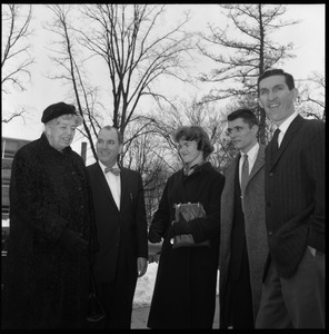 Eleanor Roosevelt (left) greeted by John Gillespie, Gail Osbaldeston ('61), Donald Croteau ('61), and unidentified man, during Roosevelt's Distinguished Visitors Program appearance