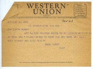 Telegram from Carl Henry to Edith Henry