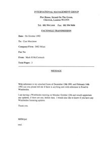 Fax from Mark H. McCormack to Cino Marchese