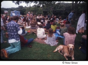 Group gathered in meditation, Ram Dass leaning against a tree in background