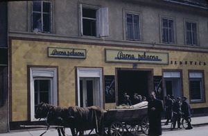 Horse-drawn cart passes bakery