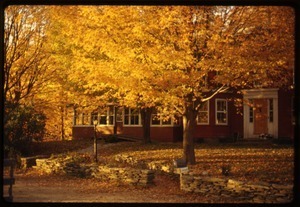 House and trees in high fall color, Montague Farm Commune