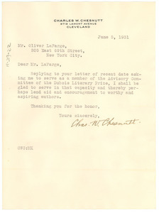 Letter from Charles W. Chesnutt to Oliver La Farge