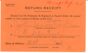 Return receipt from United States Post Office Dept. to W. E. B. Du Bois