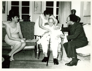 W. E. B. Du Bois on his 95th birthday with Shirley Graham Du Bois, Kwame Nkrumah and Madame Nkrumah