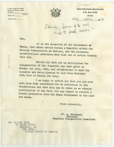 Letter from Functions Secretariat of Ghana to W. E. B. Du Bois