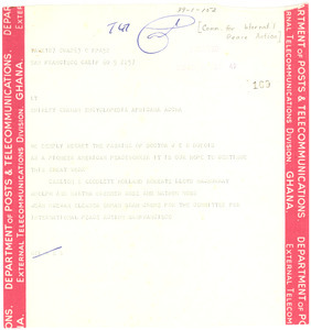 Telegram from Committee for International Peace Action to Shirley Graham Du Bois