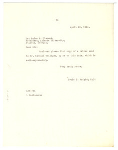 Letter from Louis T. Wright to Rufus E. Clement