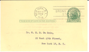 Postcard from National Institute of Arts and Letters to W. E. B. Du Bois