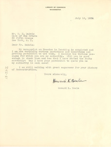 Letter from Howard K. Beale to W. E. B. Du Bois