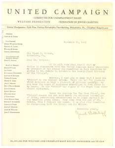 Letter from Jacob Billikopf to Frank D. Watson