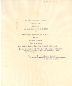 Invitation to a reception honoring Dr. and Mrs. W. E. B. Du Bois